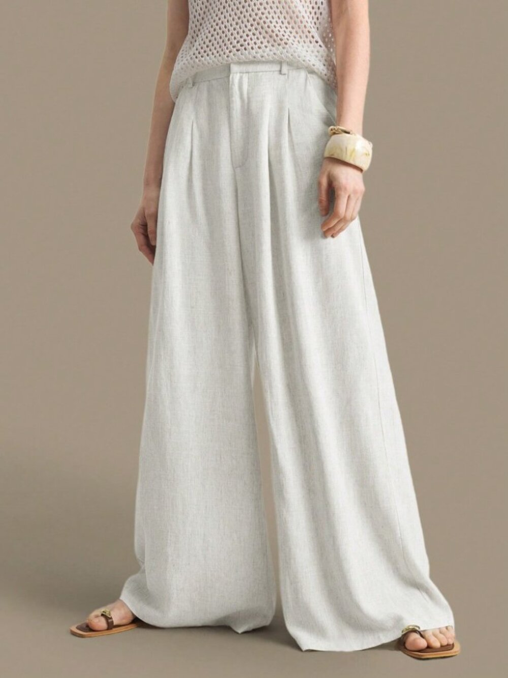 Ivory Wide Leg Pleated Trousers